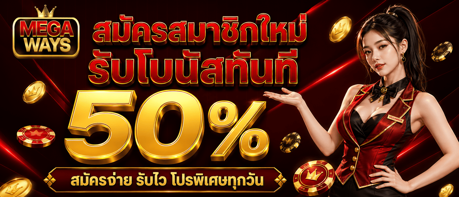 สมัครสมาชิกใหม่รับโบนัสทันที 50 %